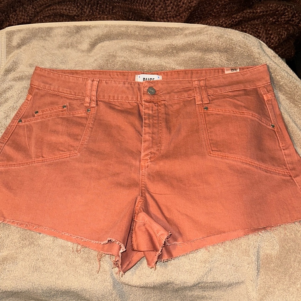 PAIGE Mayslie utility denim shorts with pockets and raw hem Vintage Muted Clay